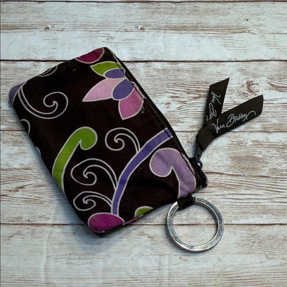 Vera Bradley Swirling Poppies Floral ID Wallet Keychain Wallet Brown, Pink Green - Picture 4 of 5